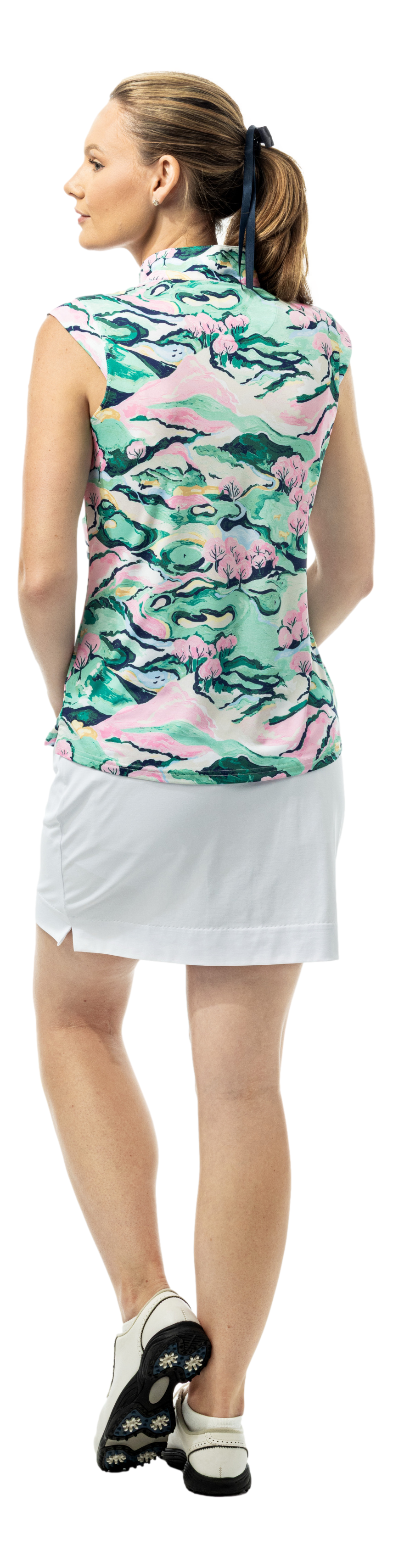 SanSoleil SOLCOOL Berkshire 1/4 zip sleeveless mock shirt with printed short sleeves, designed for cooling and comfort.
