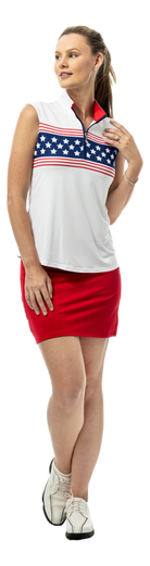 SanSoleil SOLCOOL 1/4 zip sleeveless mock shirt with Glory Days print, lightweight and breathable for active wear.