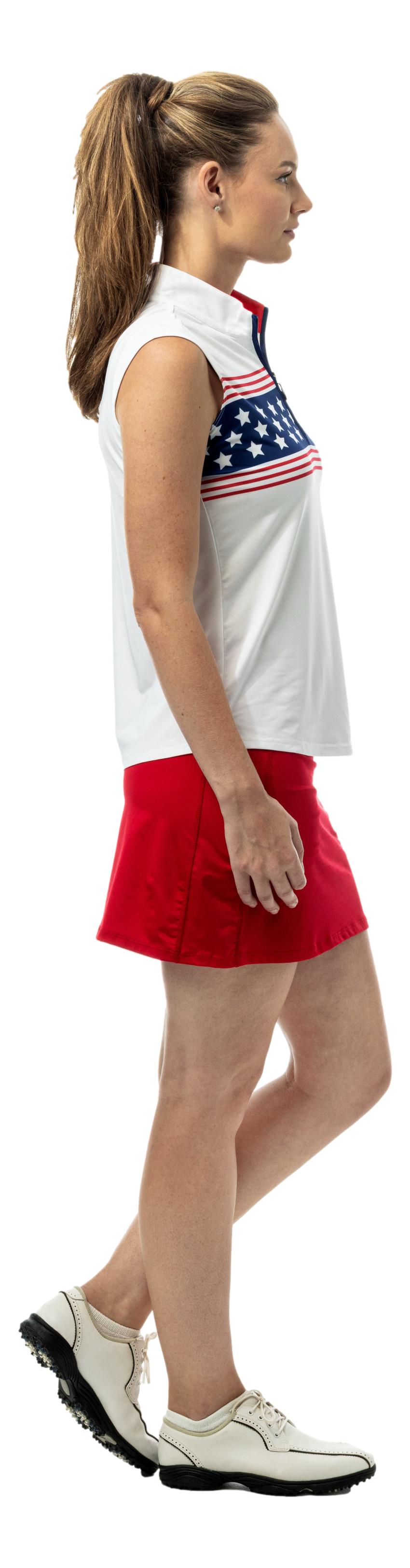 SanSoleil SOLCOOL 1/4 zip sleeveless mock top with vibrant print design, ideal for active wear and warm weather comfort.