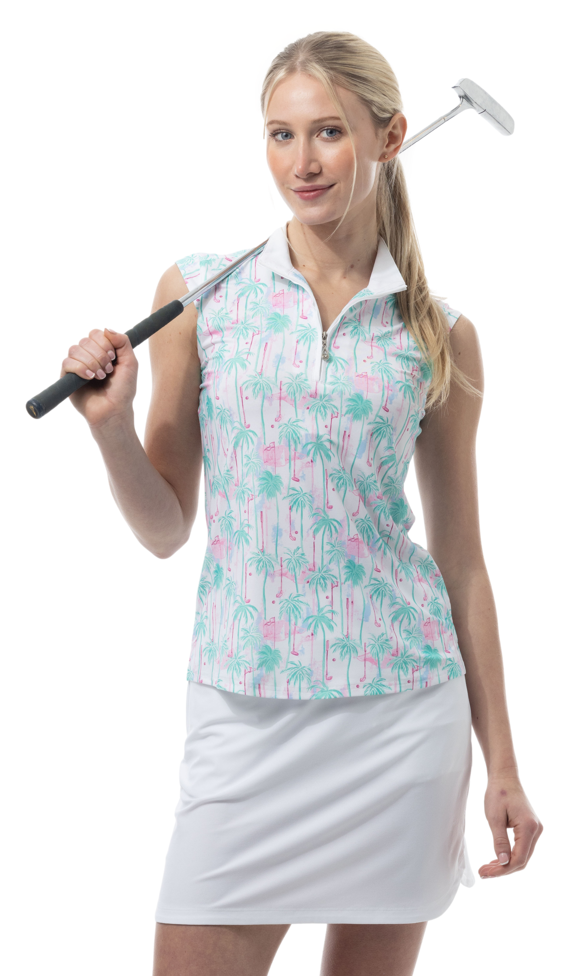 SOLCOOL 1/4 ZIP SLEEVELESS MOCK. GOLF PARADISE. MINT. 900471 - SanSoleil