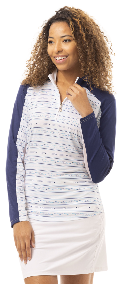 SOLCOOL PRINT TRIM MOCK with BACK VENT. LINEUP.  NAVY - 900475