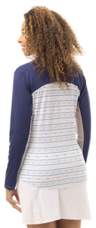SOLCOOL PRINT TRIM MOCK WITH BACK VENT. LINEUP.  NAVY. 900475 - SanSoleil