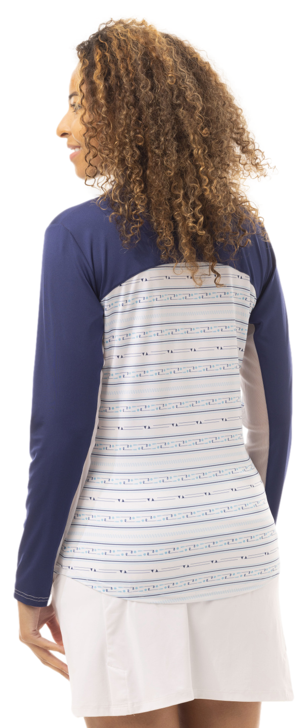 SOLCOOL PRINT TRIM MOCK WITH BACK VENT. LINEUP.  NAVY. 900475 - SanSoleil