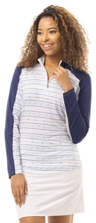 SOLCOOL PRINT TRIM MOCK WITH BACK VENT. LINEUP.  NAVY. 900475 - SanSoleil