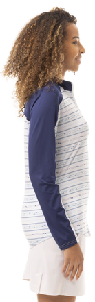 SOLCOOL PRINT TRIM MOCK WITH BACK VENT. LINEUP.  NAVY. 900475 - SanSoleil