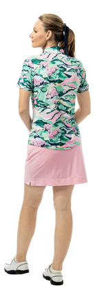 SanSoleil SOLCOOL 1/4 zip short sleeve mock shirt in Berkshire print, lightweight and breathable for active wear.