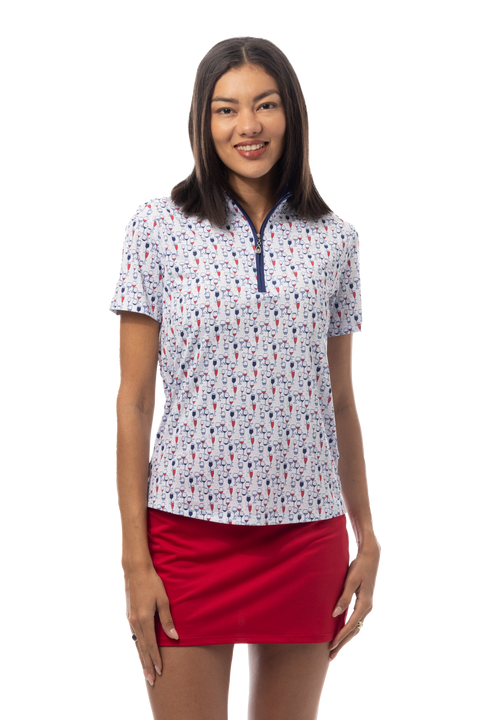 SANSOLEIL 1/4 ZIP SHORT SLEEVE MOCK . RED WINE AND BLUE. 900478
