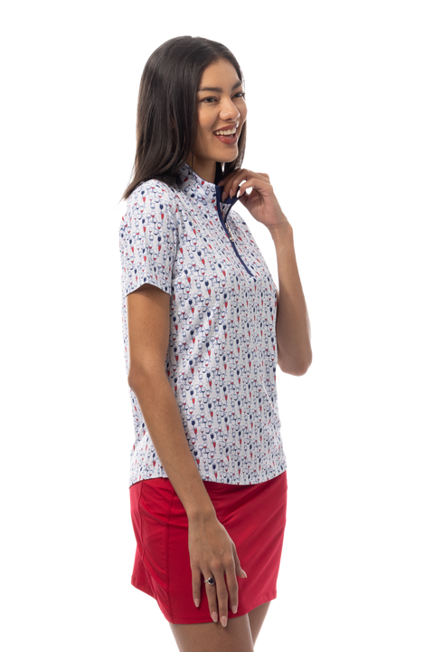 SANSOLEIL 1/4 ZIP SHORT SLEEVE MOCK . RED WINE AND BLUE. 900478