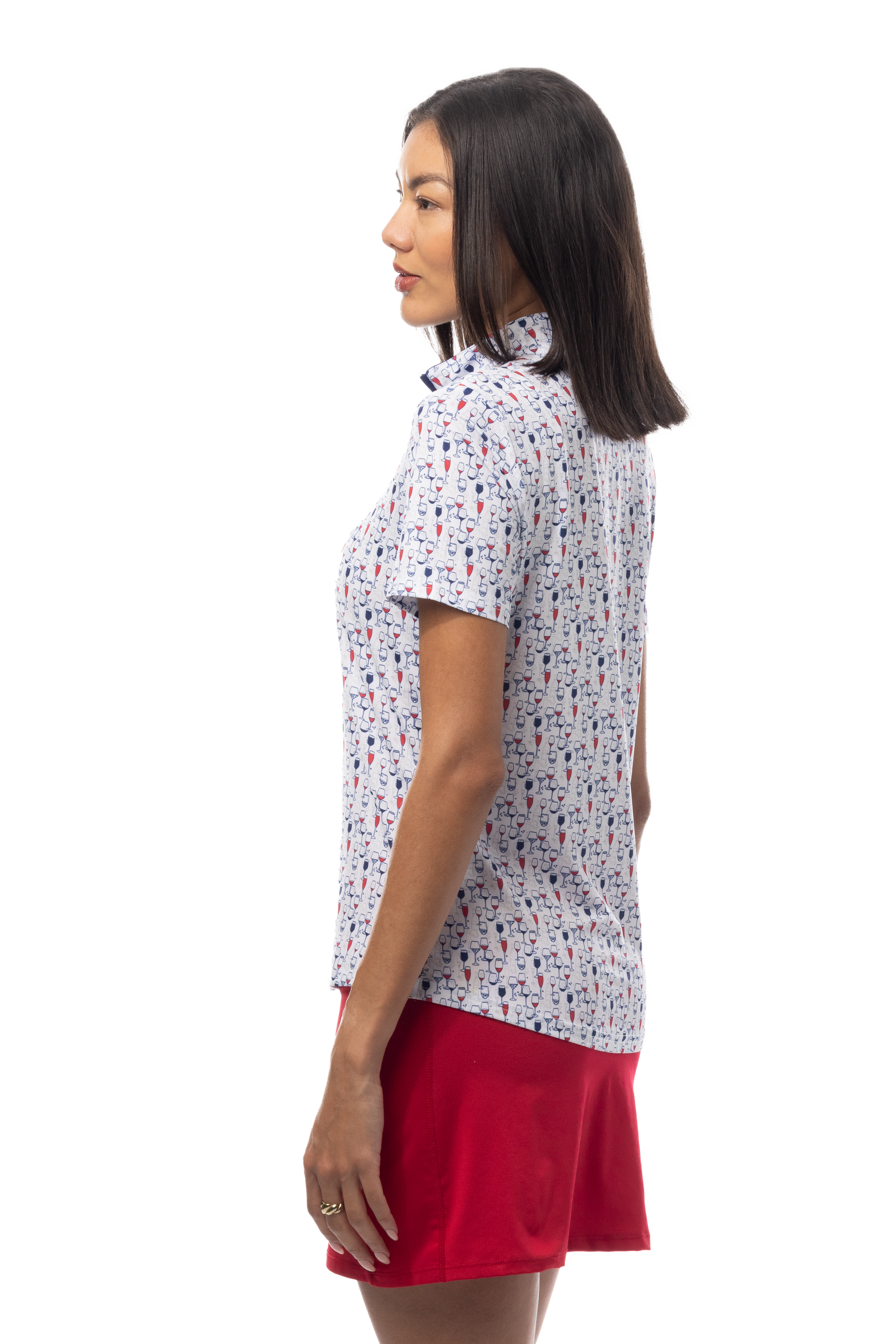 SANSOLEIL 1/4 ZIP SHORT SLEEVE MOCK . RED WINE AND BLUE. 900478 - SanSoleil