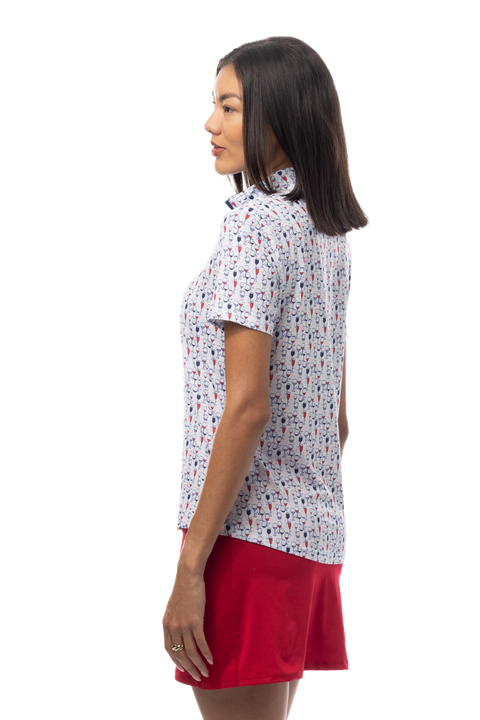 SANSOLEIL 1/4 ZIP SHORT SLEEVE MOCK . RED WINE AND BLUE. 900478