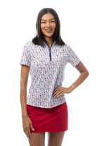 SANSOLEIL 1/4 ZIP SHORT SLEEVE MOCK . RED WINE AND BLUE. 900478 - SanSoleil