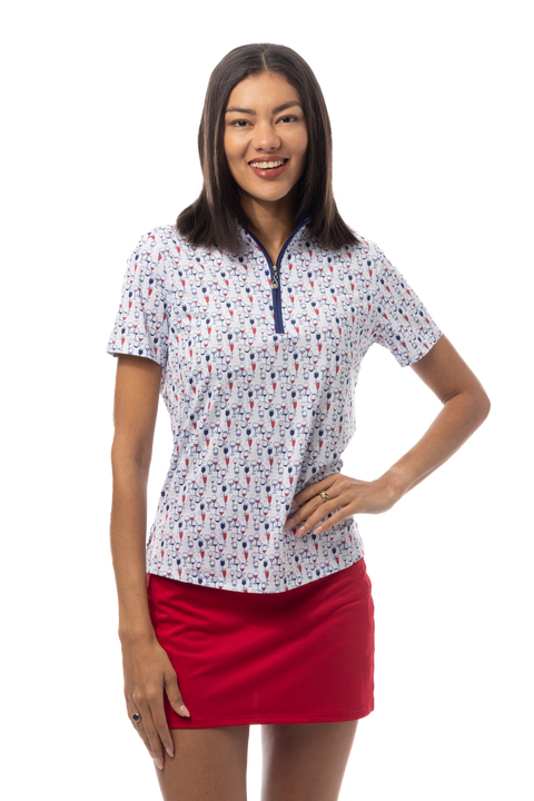SANSOLEIL 1/4 ZIP SHORT SLEEVE MOCK . RED WINE AND BLUE. 900478