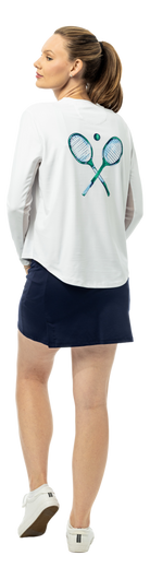 SanSoleil Sunglow Relaxed Drop-Tail Tee in green navy with a print design, long sleeve, casual style.