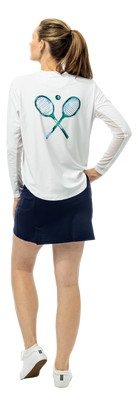 SanSoleil SUNGLOW Relaxed Drop-Tail Tee in green navy with print details, long sleeve style, casual and comfortable fit.