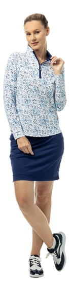 SanSoleil SOLTEK LUX long sleeve print shirt with blue Fairway Flowers design, featuring a stylish floral pattern.