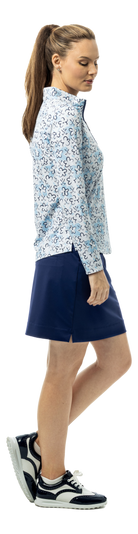 SanSoleil SOLTEK LUX long sleeve print shirt with blue Fairway Flowers pattern, comfortable and stylish for active wear.