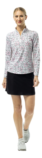 SanSoleil SOLTEK LUX long sleeve print shirt with pink fairway flowers design, featuring a comfortable mock neckline and vibrant pattern.