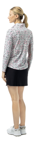 SanSoleil SOLTEK LUX long sleeve print shirt with pink fairway flowers design, featuring vibrant floral artwork on the fabric.