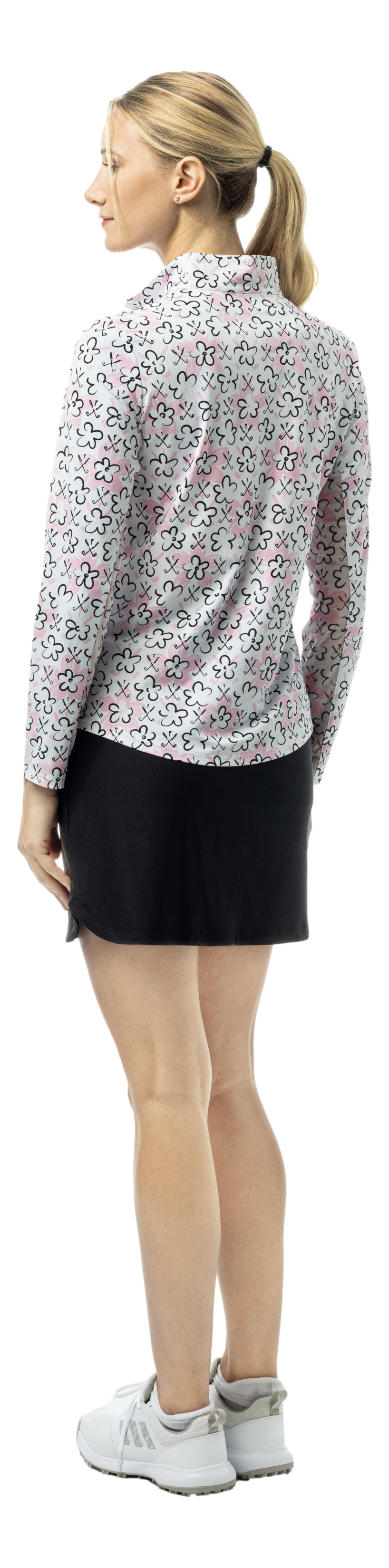 SanSoleil SOLTEK LUX long sleeve print shirt with pink fairway flowers design, featuring vibrant floral artwork on the fabric.