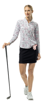 SanSoleil SOLTEK LUX long sleeve print shirt with pink Fairway Flowers design, featuring vibrant floral pattern on soft fabric.