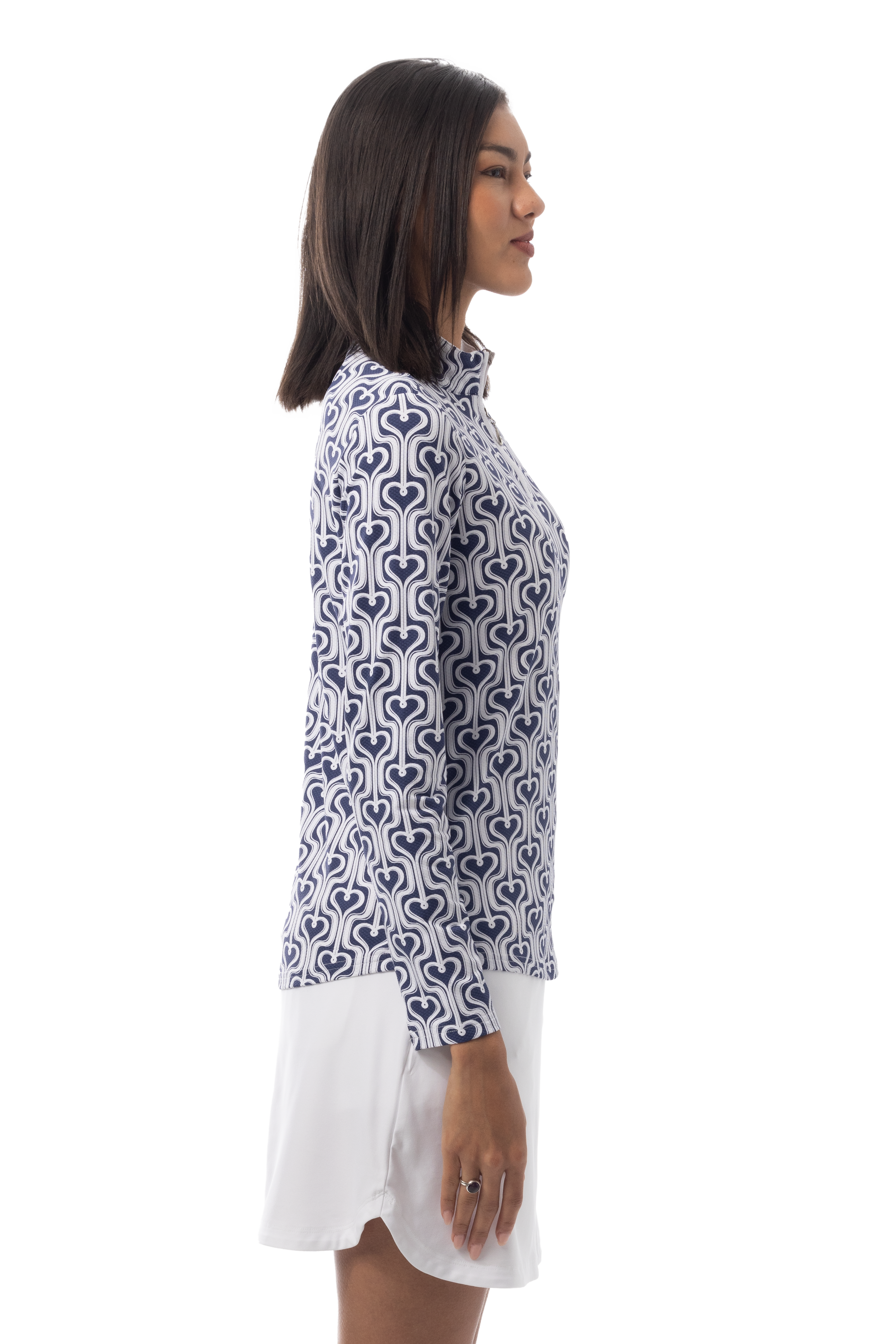 SANSOLEIL 1/4 ZIP PRINT MOCK. HEARTSTRINGS. NAVY. 900621 - SanSoleil