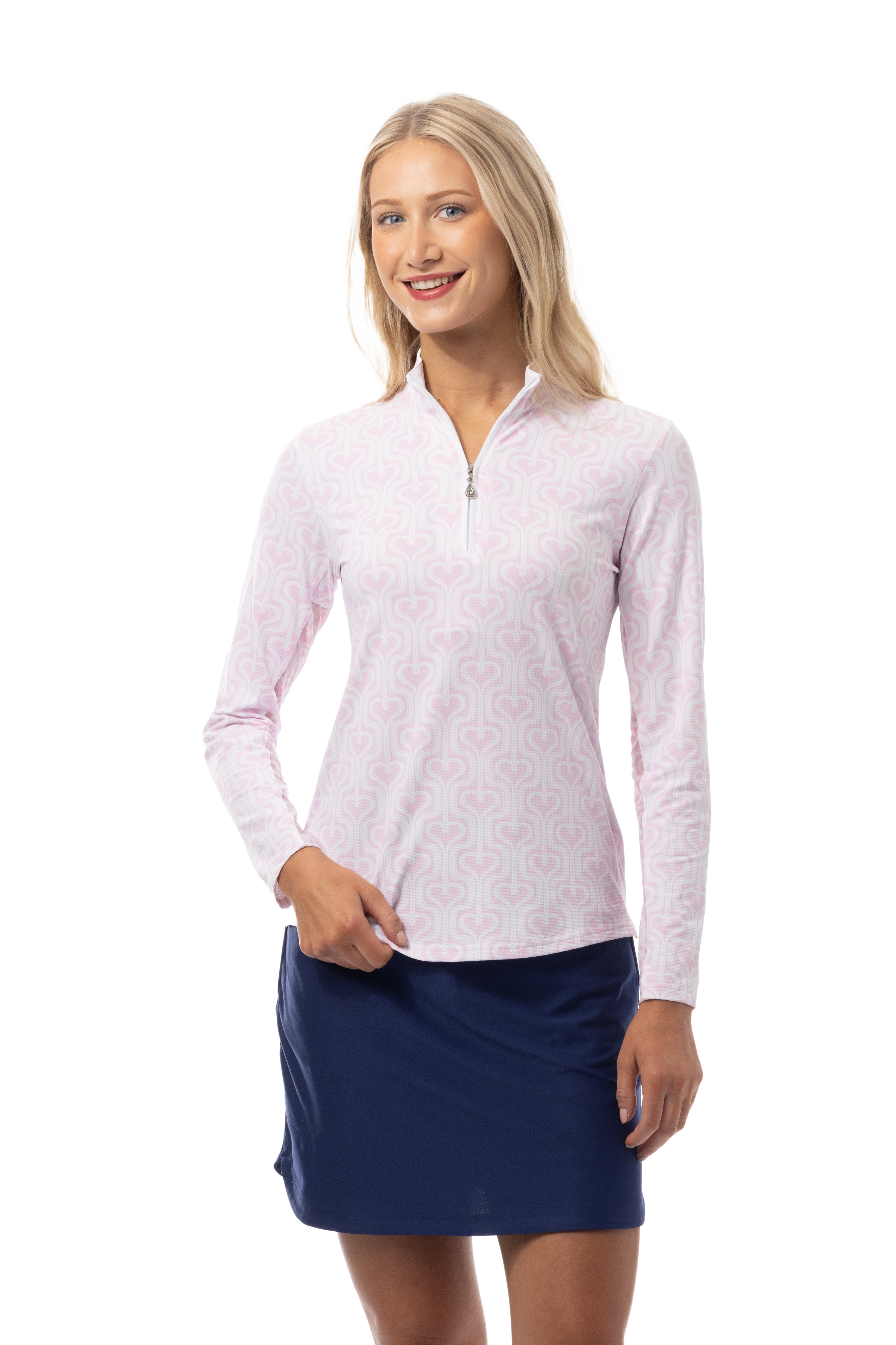 SANSOLEIL 1/4 ZIP PRINT MOCK. HEARTSTRINGS. PINK. 900621 - SanSoleil
