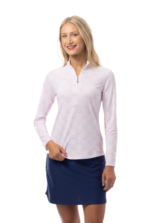 SANSOLEIL 1/4 ZIP PRINT MOCK. HEARTSTRINGS. PINK. 900621