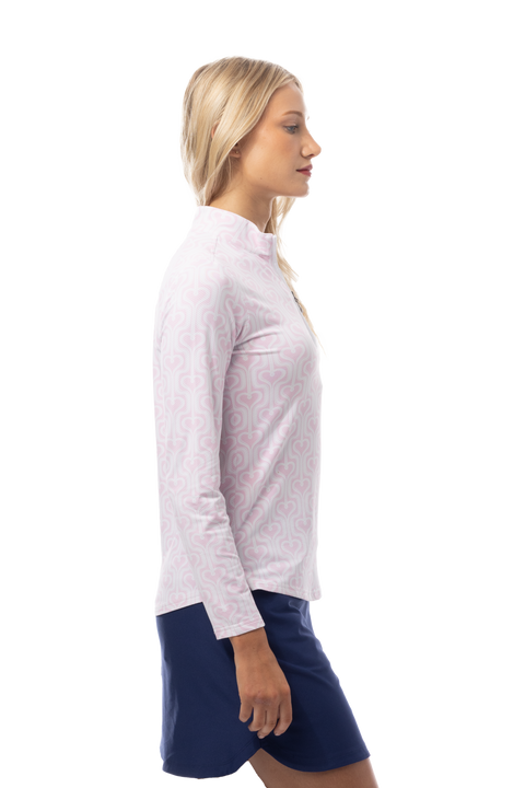 SANSOLEIL 1/4 ZIP PRINT MOCK. HEARTSTRINGS. PINK. 900621