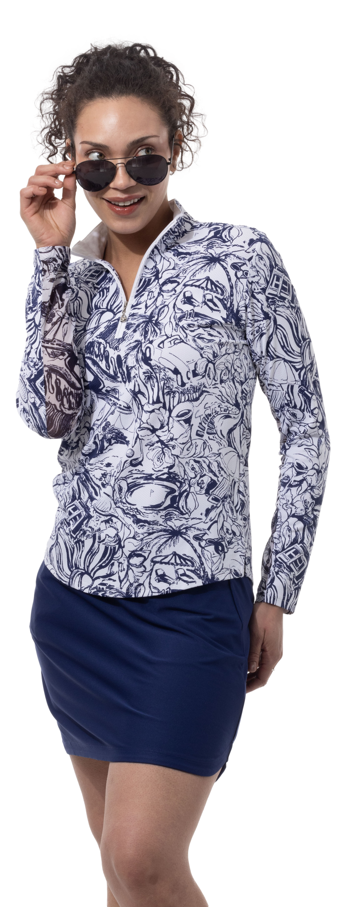 SANSOLEIL 1/4 ZIP PRINT  MOCK. GIRLS TRIP. NAVY.  900621 - SanSoleil