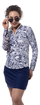 SANSOLEIL 1/4 ZIP PRINT  MOCK. GIRLS TRIP. NAVY.  900621 - SanSoleil