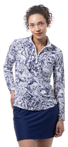 SANSOLEIL 1/4 ZIP PRINT  MOCK. GIRLS TRIP. NAVY.  900621 - SanSoleil