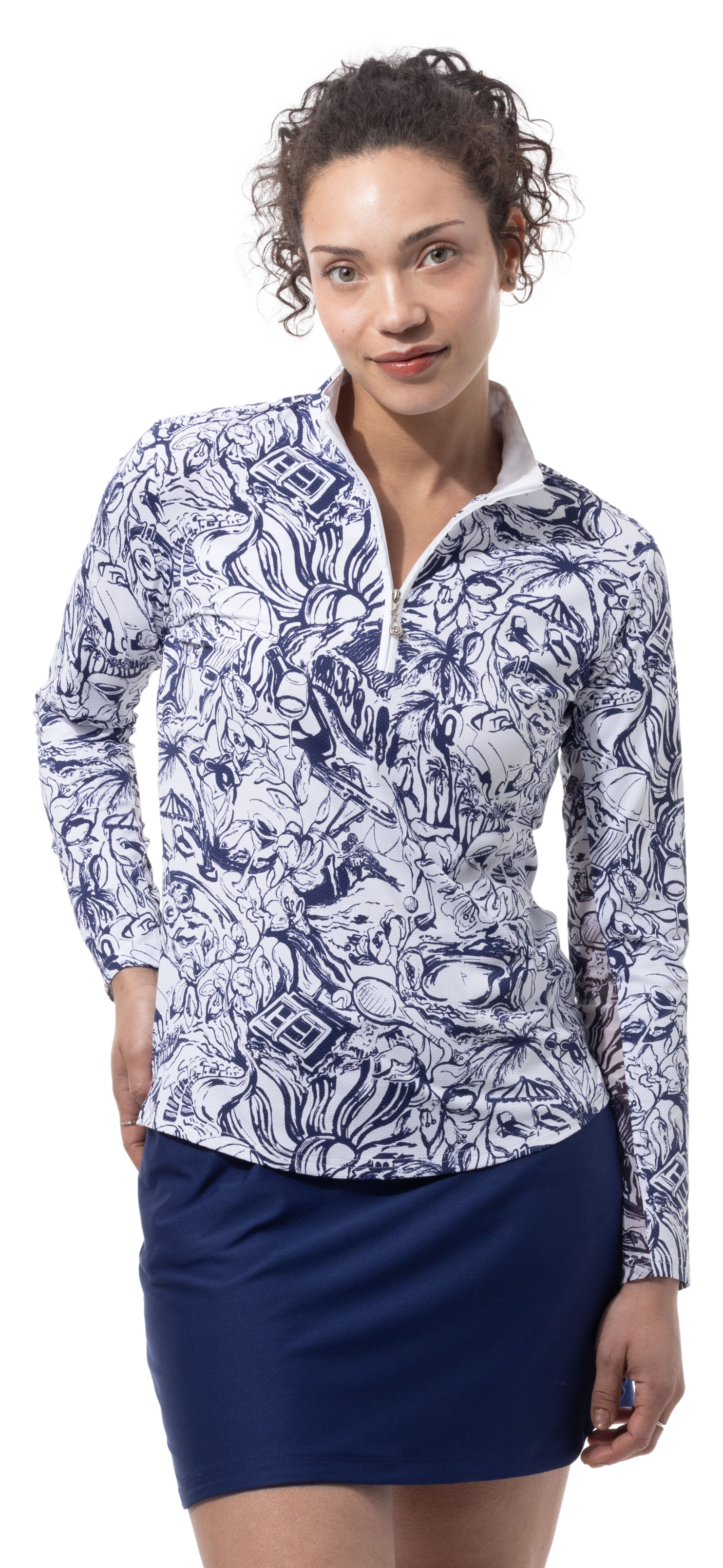 SANSOLEIL 1/4 ZIP PRINT  MOCK. GIRLS TRIP. NAVY.  900621 - SanSoleil