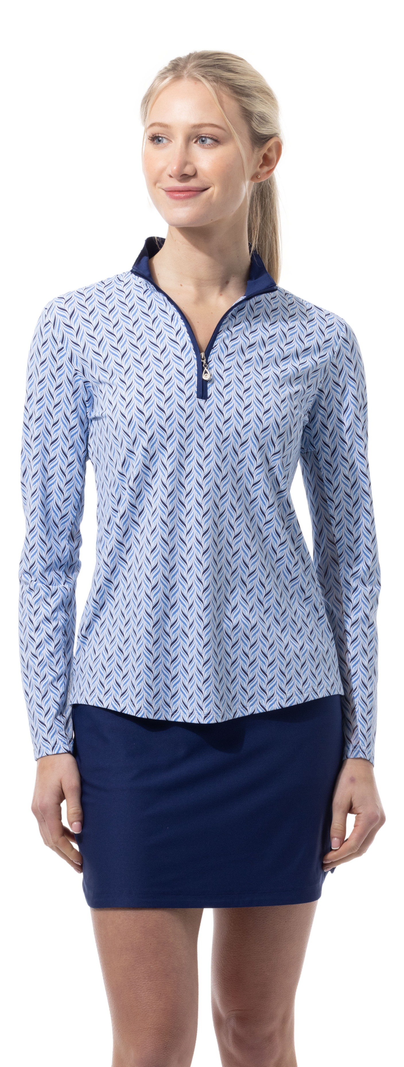 SANSOLEIL 1/4 ZIP PRINT  MOCK. WAVERLY. NAVY.  900621 - SanSoleil