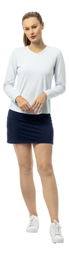 SanSoleil SOLAIR COOL Ultra-Mesh Active Top in white and navy with dot print, long sleeve, breathable athletic shirt.