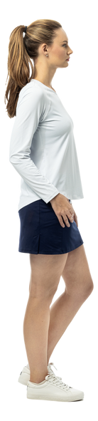 SanSoleil SOLAIR COOL Ultra-Mesh active long sleeve top in white and navy with dot print, moisture-wicking athletic shirt.