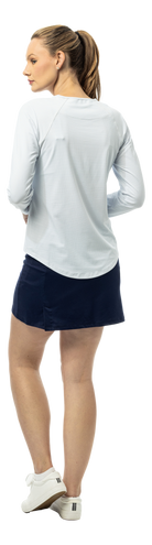 SanSoleil SOLAIR Cool Ultra-Mesh Active Top in white and navy with dot print, long sleeve athletic shirt for active wear
