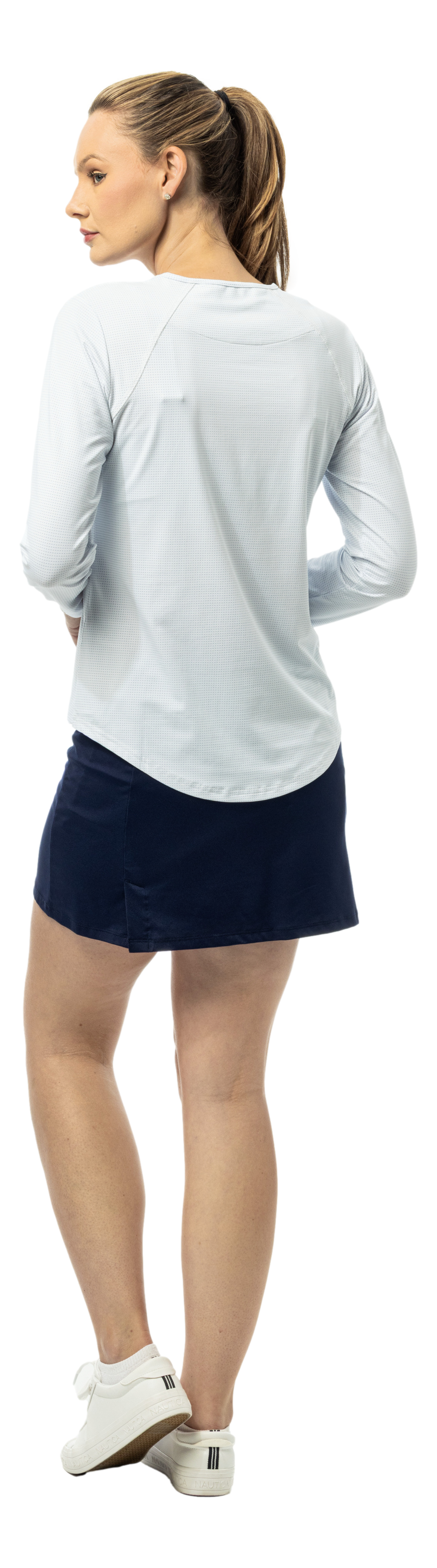 SanSoleil SOLAIR Cool Ultra-Mesh Active Top in white and navy with dot print, long sleeve athletic shirt for active wear