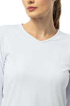 SanSoleil SOLAIR Cool Ultra-Mesh Active Top in white and navy with dot print, long sleeve, breathable athletic wear.