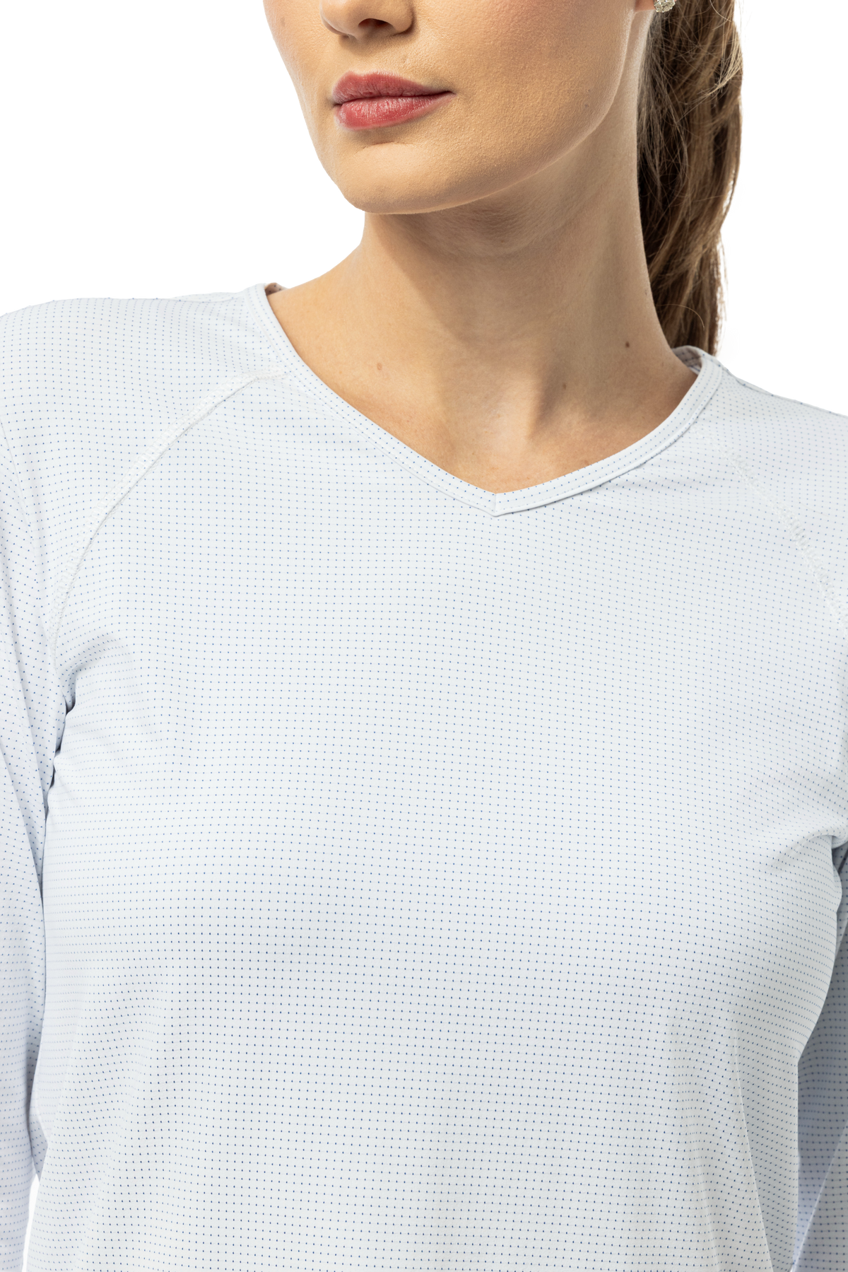 SanSoleil SOLAIR Cool Ultra-Mesh Active Top in white and navy with dot print, long sleeve, breathable athletic wear.