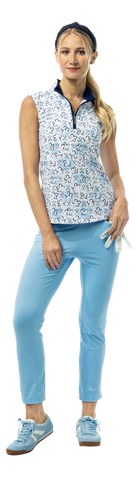 SanSoleil SolTek LUX sleeveless print shirt with blue Fairway Flowers design, short sleeve, 1/4 zip, vibrant floral pattern.