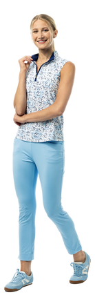 SanSoleil SolTek LUX sleeveless print shirt with fairway flowers design in blue, short sleeve, 1/4 zip for golf or activewear.