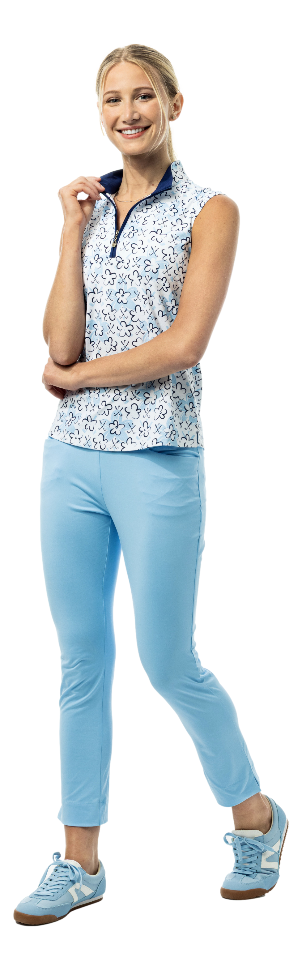 SanSoleil SolTek LUX sleeveless print shirt with fairway flowers design in blue, short sleeve, 1/4 zip for golf or activewear.