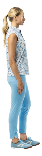 SanSoleil SolTek LUX 1/4 zip sleeveless shirt with Fairway Flowers print in blue, featuring vibrant floral patterns and short sleeves.
