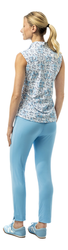 SanSoleil SolTek LUX 1/4 zip sleeveless shirt with blue Fairway Flowers print, featuring short sleeve design and vibrant floral pattern.