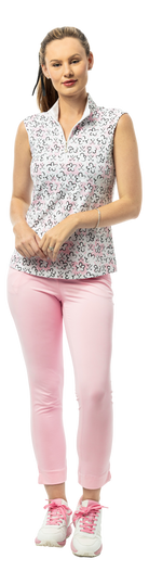 SanSoleil SolTek LUX pink sleeveless print mock with floral Fairway Flowers design, short sleeve style, 1/4 zip detail.