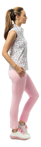 SanSoleil SolTek LUX pink sleeveless print shirt with fairway flower pattern, 1/4 zip collar, lightweight athletic apparel.