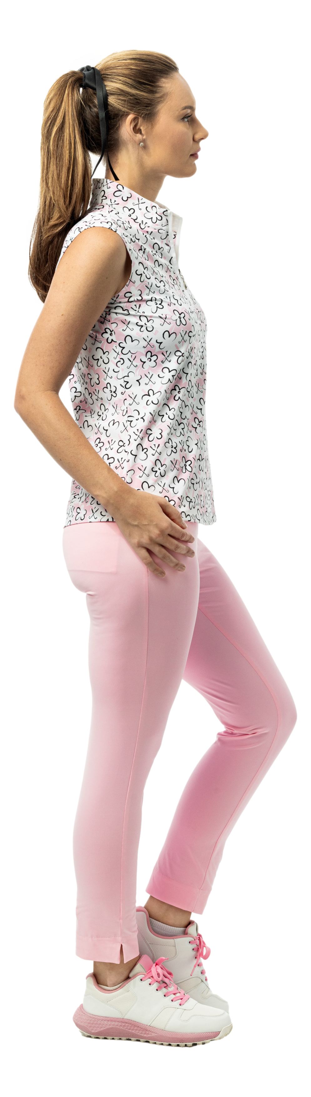 SanSoleil SolTek LUX pink sleeveless print shirt with fairway flower pattern, 1/4 zip collar, lightweight athletic apparel.