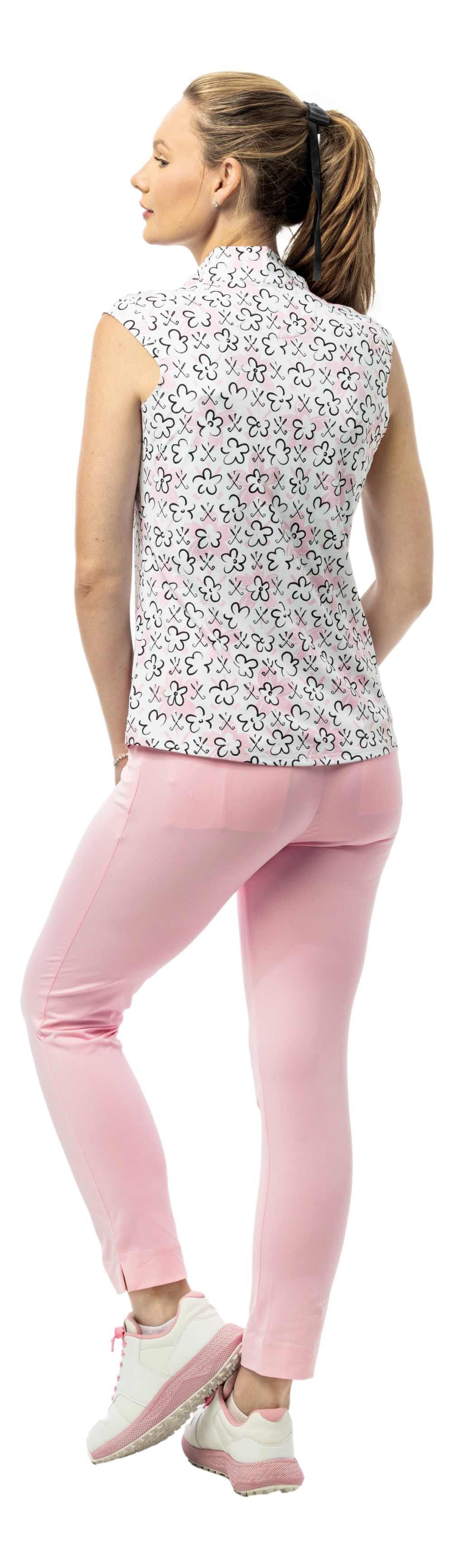 SanSoleil SolTek LUX 1/4 zip sleeveless shirt with pink fairway flowers print, suitable for golf or casual wear.