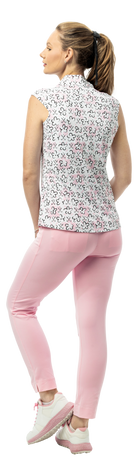 SanSoleil SolTek LUX 1/4 zip sleeveless shirt with pink fairway flowers print, suitable for golf or casual wear.