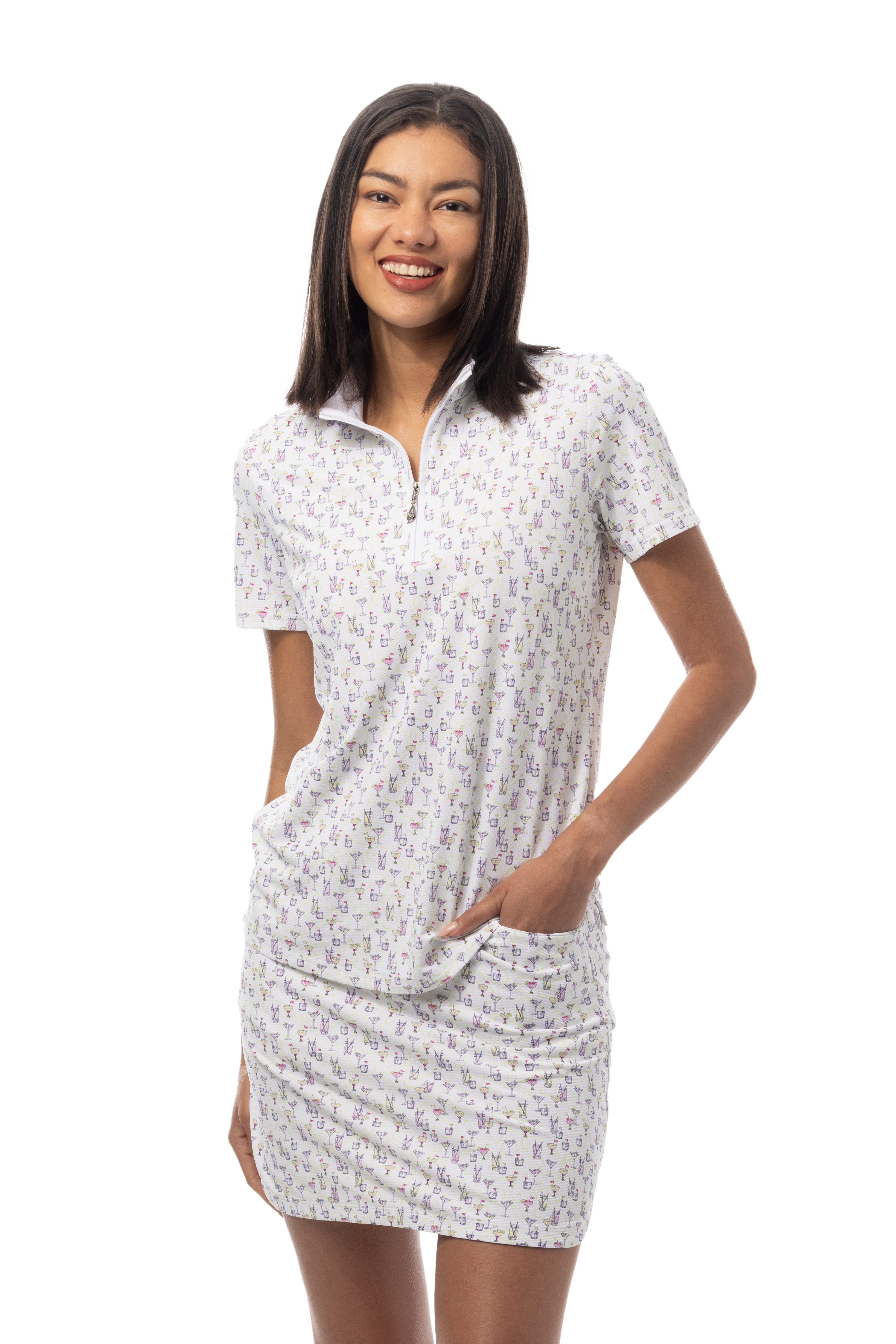 SanSoleil 1/4 Zip Short Sleeve Print Mock. CADDY COOLER. MULTI. 900628 - SanSoleil